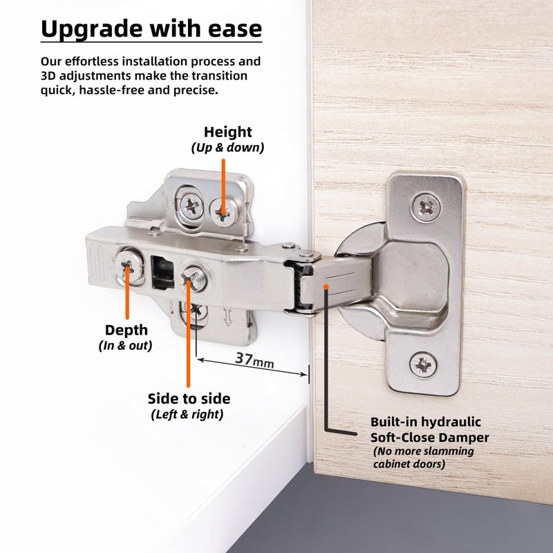 DecoBasics Full Overlay European Soft Close Cabinet Hinges for Kitchen Cabinets (20 Pcs) -105Â° Frameless Concealed Cabinet Door Hinge -6 Way Adjustability & Clip on Plate for Easy Installation - Image 3